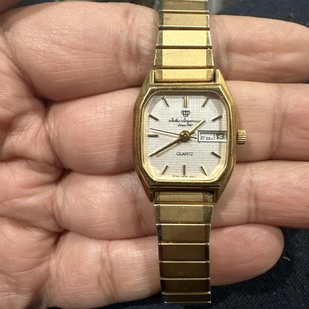 Working Vintage Jules Jurgensen Womens Watch 21mm Rectangle Gold Quartz Fit 6.5‎